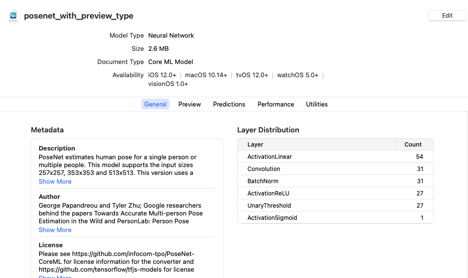 Model information pane for PoseNet model
